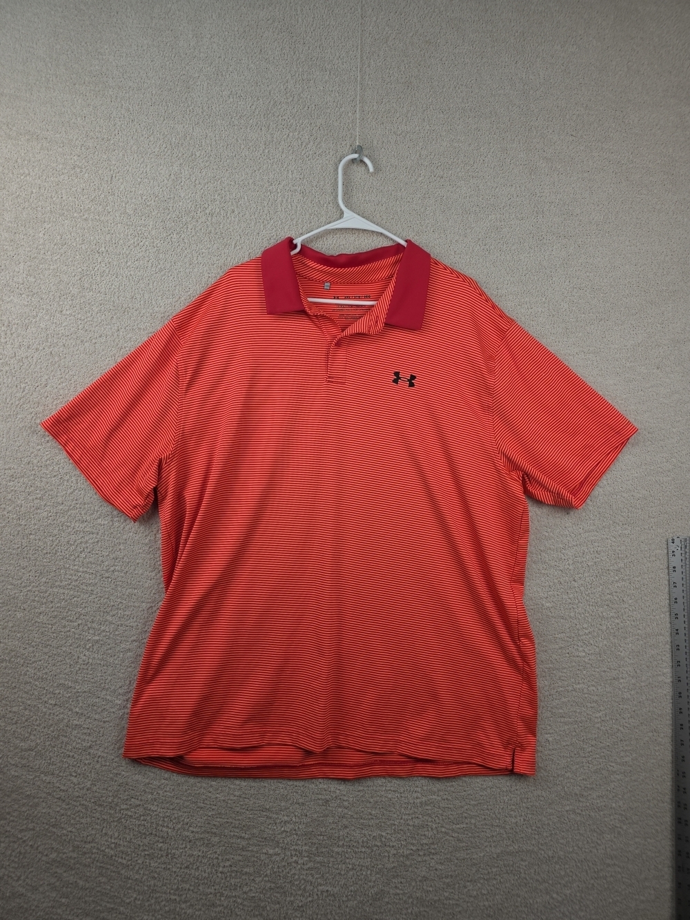 Under Armour Men’s Coral Orange Striped Polo with Maroon Collar Performance Golf